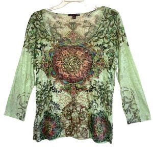 SUZIE COUTURE sz L Rhinestone Top Tatoo Bohemian Lotus Long Sleeve Lush Green